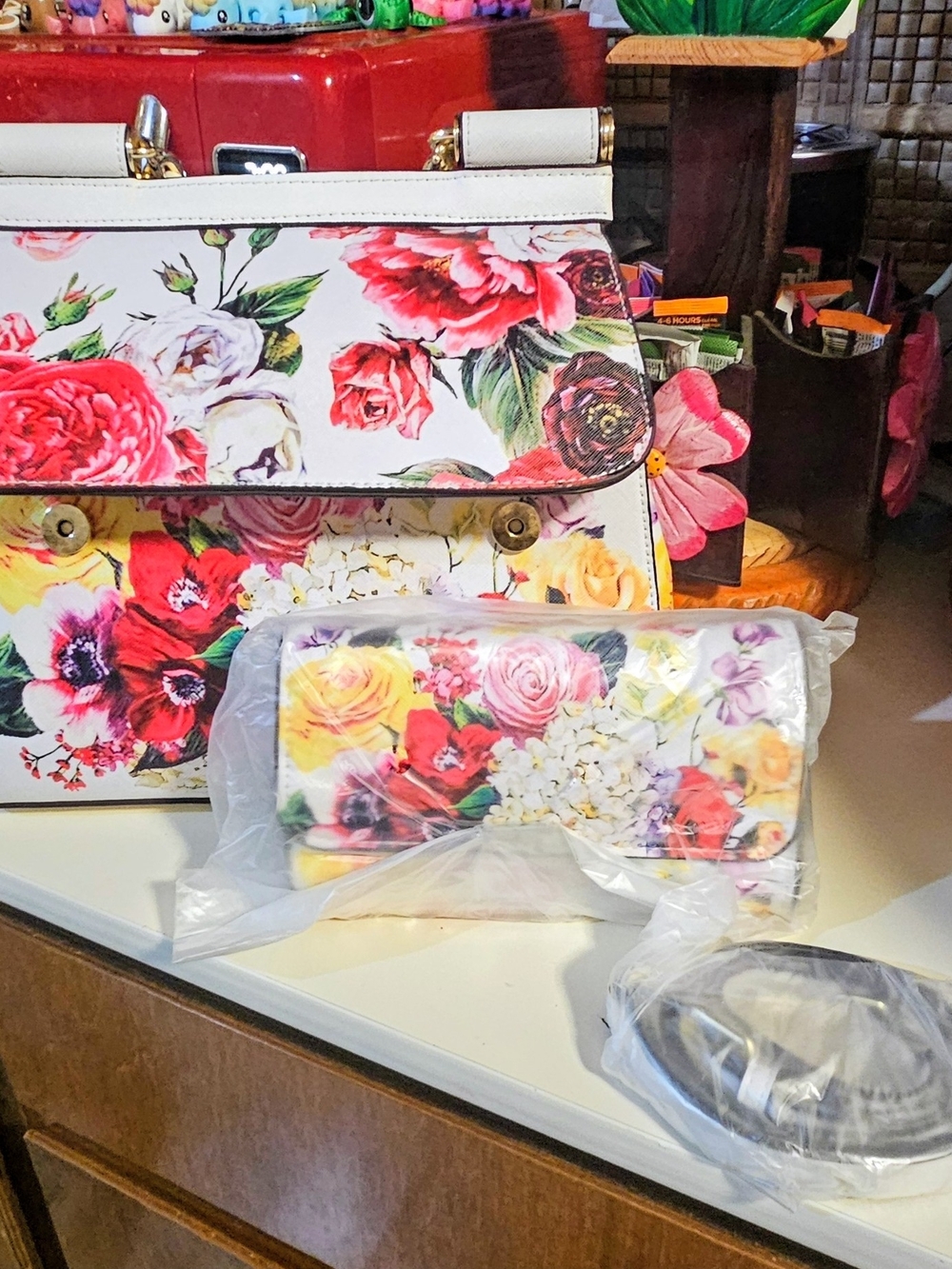 Floral Print Women's Satchel and Wallet Set - Pink, Red, Yellow